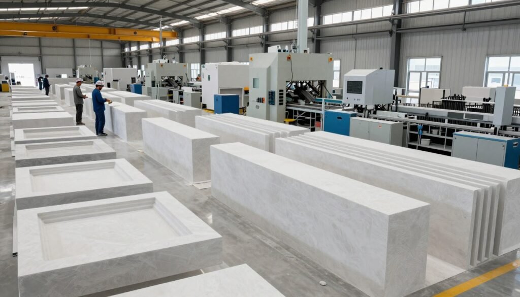 مصنع جي ار سي حديث يعرض منتجات متنوعة من الخرسانة المسلحة بالألياف الزجاجية