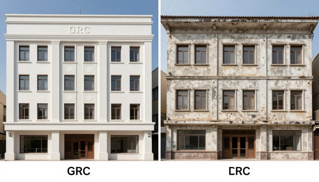 مقارنة بين واجهة مبنى بتشطيب جي ار سي وواجهة بمواد تقليدية