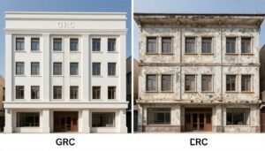 مقارنة بين واجهة مبنى بتشطيب جي ار سي وواجهة بمواد تقليدية