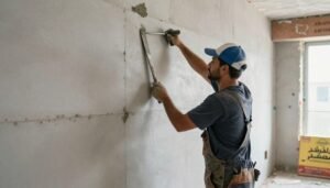 مقاول اسمنت بورد يقوم بتركيب ألواح في مشروع سكني