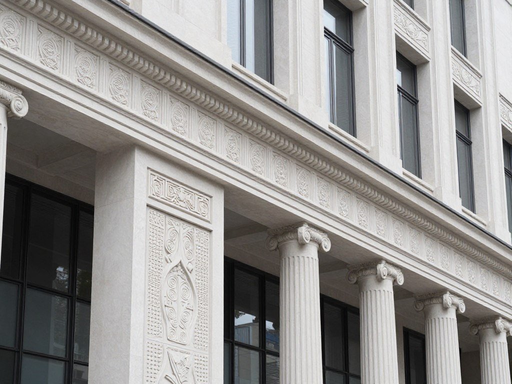 واجهة مبنى مزينة بتشطيبات جي ار سي بتصميم كلاسيكي